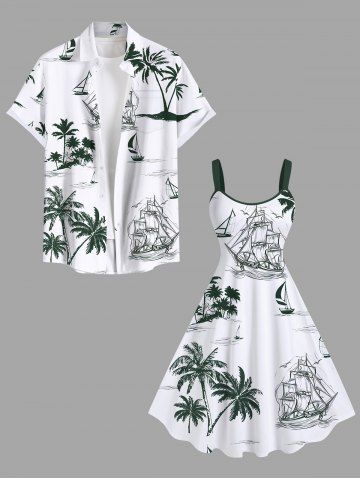 Costume de Plage Grande Taille Couleur Débardeur Imprimé Cocotiers et Parasol - WHITE