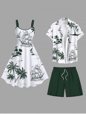 Costume de Plage Grande Taille Couleur Débardeur Imprimé Cocotiers et Parasol - WHITE