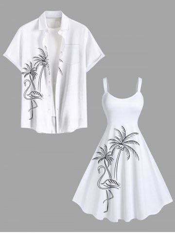 Costume de Plage Flamant Imprimé Fabriqué à la Main de Grande Taille pour Couple - WHITE