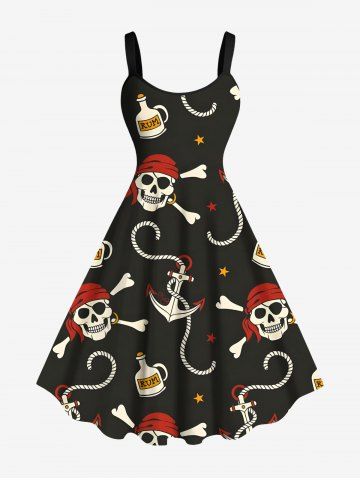 Plus Size Skull Pirate Anchor Rope Print Hawaii A Line Tank Dress - BLACK - 2X