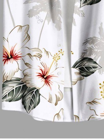 Plus Size Coconut Tree Hibiscus Flower Leaf Print Hawaii Button Pocket Shirt For Men