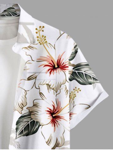 Plus Size Coconut Tree Hibiscus Flower Leaf Print Hawaii Button Pocket Shirt For Men