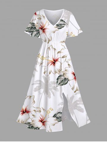 Plus Size Coconut Tree Floral Leaves Print Hawaii Split Pocket A Line Midi Dress - WHITE - 1X