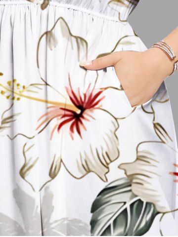 Plus Size Coconut Tree Flower Leaf Print Hawaii Split Pocket A Line Midi Dress