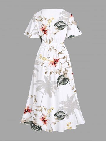 Plus Size Coconut Tree Flower Leaf Print Hawaii Split Pocket A Line Midi Dress