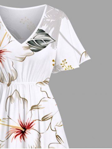 Plus Size Coconut Tree Flower Leaf Print Hawaii Split Pocket A Line Midi Dress