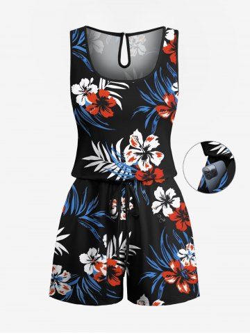 Plus Size Tropical Leaves Hibiscus Floral Print Hawaii Drawstring Pocket Romper - BLACK - S