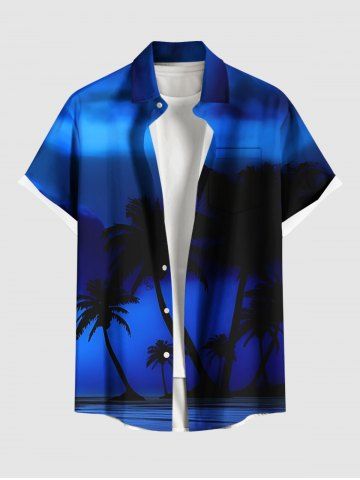 Plus Size Coconut Tree Ombre Print Hawaii Button Pocket Shirt For Men - BLUE - M