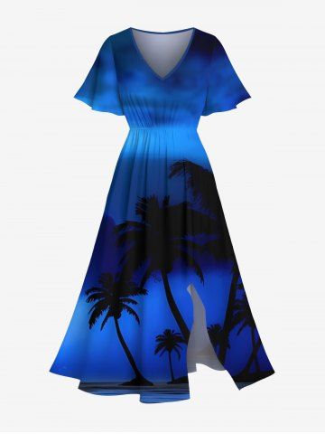 Plus Size Coconut Tree Ombre Print Hawaii Split Pocket A Line Midi Dress - BLUE - S