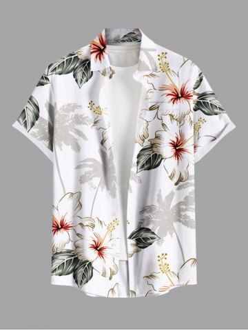 Plus Size Coconut Tree Hibiscus Flower Leaf Print Hawaii Button Pocket Shirt For Men - CRYSTAL CREAM - S