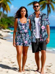 Matching Hawaii Shirt and Romper Plus Size Beach Outfit Tropical Leaf Hibiscus Printed for Couples -  