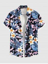 Plus Size Tropical Leaf Hibiscus Flowers Print Buttons Pocket Hawaii Shirt For Men -  
