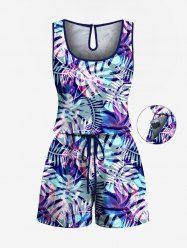 Plus Size Tropical Leaf Print Cinched Hawaii Romper -  