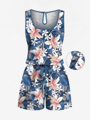Plus Size Tropical Leaf Hibiscus Flowers Print Cinched Hawaii Romper -  