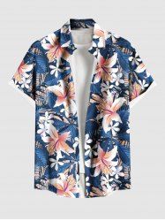 Plus Size Tropical Leaf Hibiscus Flowers Print Buttons Pocket Shirt For Men -  