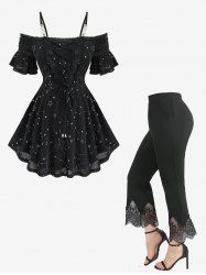 Star Stamping Lace-up Cold Shoulder Lace Trim Top and Scalloped Tassel Flare Pants Plus Size Outfit -  