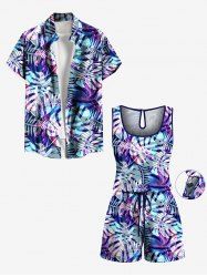 Matching Hawaii Shirt and Romper Plus Size Beach Outfit Tropical Leaf Hibiscus Printed for Couples -  