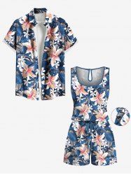 Matching Hawaii Shirt and Romper Plus Size Beach Outfit Tropical Leaf Hibiscus Printed for Couples -  