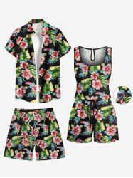 Matching Hawaii Shirt and Romper Plus Size Beach Outfit Tropical Leaf Hibiscus Printed for Couples -  