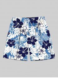 Plus Size Tropical Leaf Hibiscus Flower Print Hawaii Drawstring Beach Shorts For Men -  