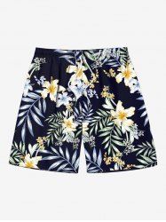 Plus Size Tropical Leaves Hibiscus Flower Print Hawaii Drawstring Beach Shorts For Men -  