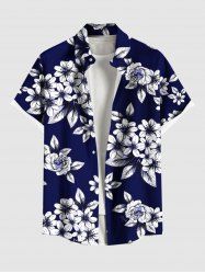 Chemise Hawaiienne Imprimé Feuilles et Fleurs Grande Taille avec Poche - Bleu L