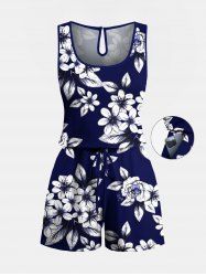 Plus Size Ombre Floral Leaves Print Hawaii Drawstring Pocket Romper -  