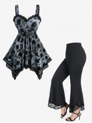 Flower Flocking Tie Dye Crossover Handkerchief Top and Lace High Waisted Flare Pants Plus Size Outfit -  