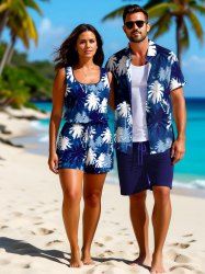 Matching Hawaii Shirt and Romper Plus Size Beach Outfit Tie Dye Ombre Coconut Tree Print For Couples -  