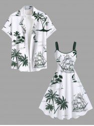 Costume de Plage Grande Taille Couleur Débardeur Imprimé Cocotiers et Parasol - Blanc 
