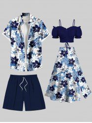 Tenue de plage hawaïenne assortie grande taille à imprimé feuilles tropicales et fleurs pour couples - Bleu 