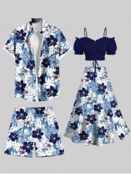 Tenue de plage hawaïenne assortie grande taille à imprimé feuilles tropicales et fleurs d'hibiscus pour couples - Bleu 