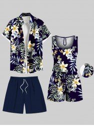 Matching Hawaii Shirt Shorts and Romper Plus Size Beach Outfit Lily Flower Leaf Branch Print For Couples -  