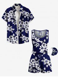 Ensemble chemise et barboteuse hawaïennes assorties, grande taille, tenue de plage, imprimé fleurs et feuilles ombré, pour couples - Bleu de Minuit 