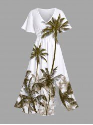 Robe mi-longue hawaïenne fendue à imprimé cocotiers grande taille - Blanc L