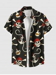 Chemise hawaïenne grande taille à imprimé tête de mort, ancre, corde et boutons pour homme - Noir 4XL