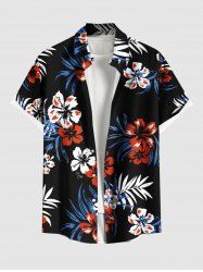 Plus Size Tropical Leaves Hibiscus Floral Print Hawaii Button Pocket Shirt For Men -  