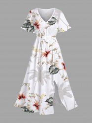 Plus Size Coconut Tree Floral Leaves Print Hawaii Split Pocket A Line Midi Dress -  