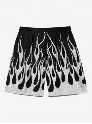 Plus Size Glitter Fire Flame Print Hawaii Drawstring Beach Shorts For Men -  
