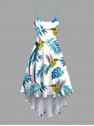 Plus Size Tropical Leaves Parrot Bird Print Hawaii High Low Asymmetric Cami Dress -  