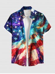 Plus Size Patriotic American Flag Colorful Ombre Galaxy Print Button Pocket Shirt For Men -  