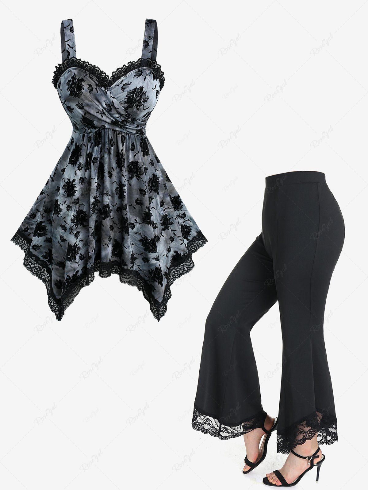 Outfit Flower Flocking Tie Dye Crossover Handkerchief Top and Lace High Waisted Flare Pants Plus Size Outfit  