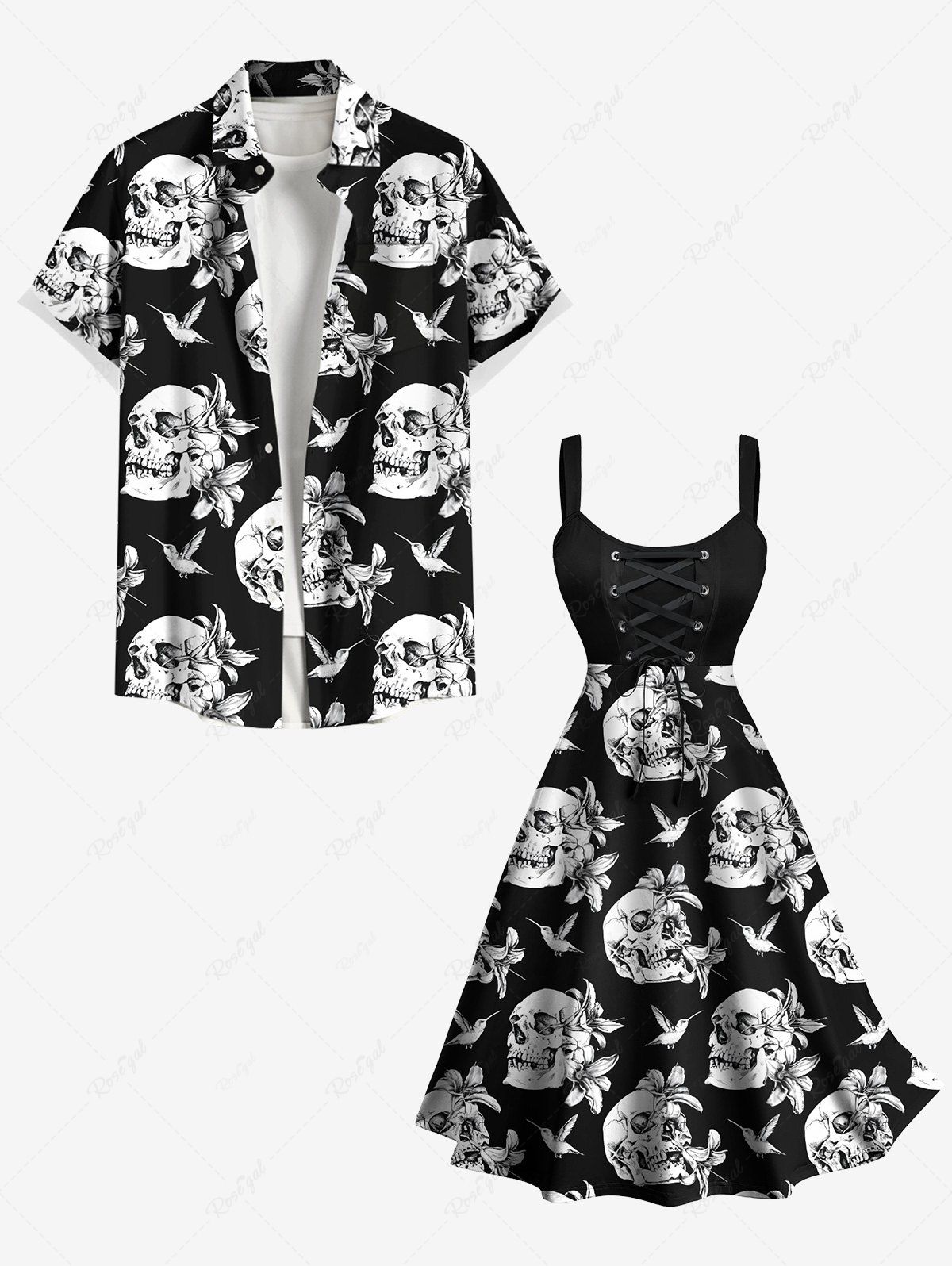 Cheap Skulls Flowers Bird Print Plus Size Matching Hawaii Beach Outfit For Couples  