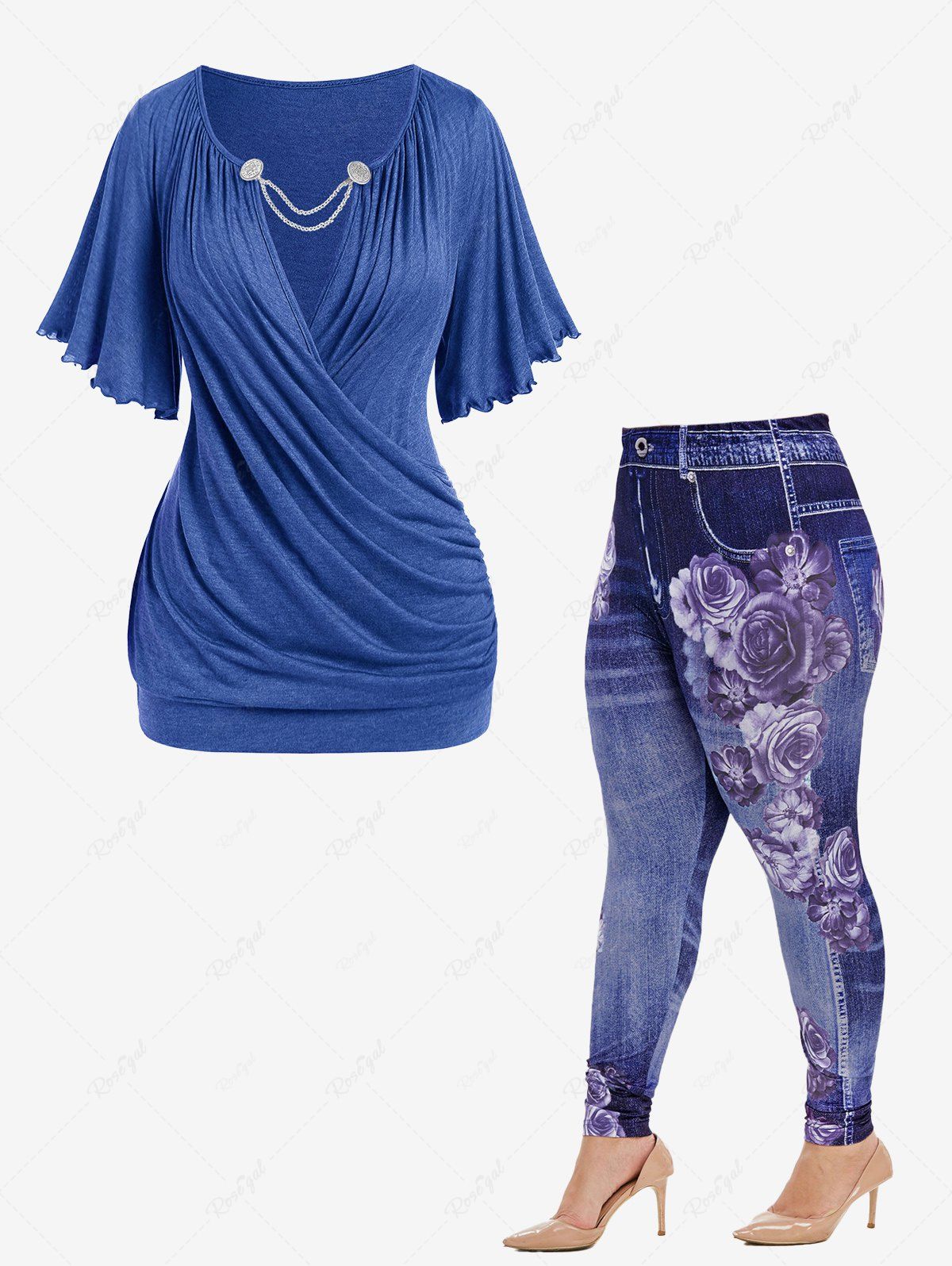 Shops Lettuce Ruched Chain Embellished Blouson Tee and High Rise Floral 3D Print Jeggings Plus Size Outfit  
