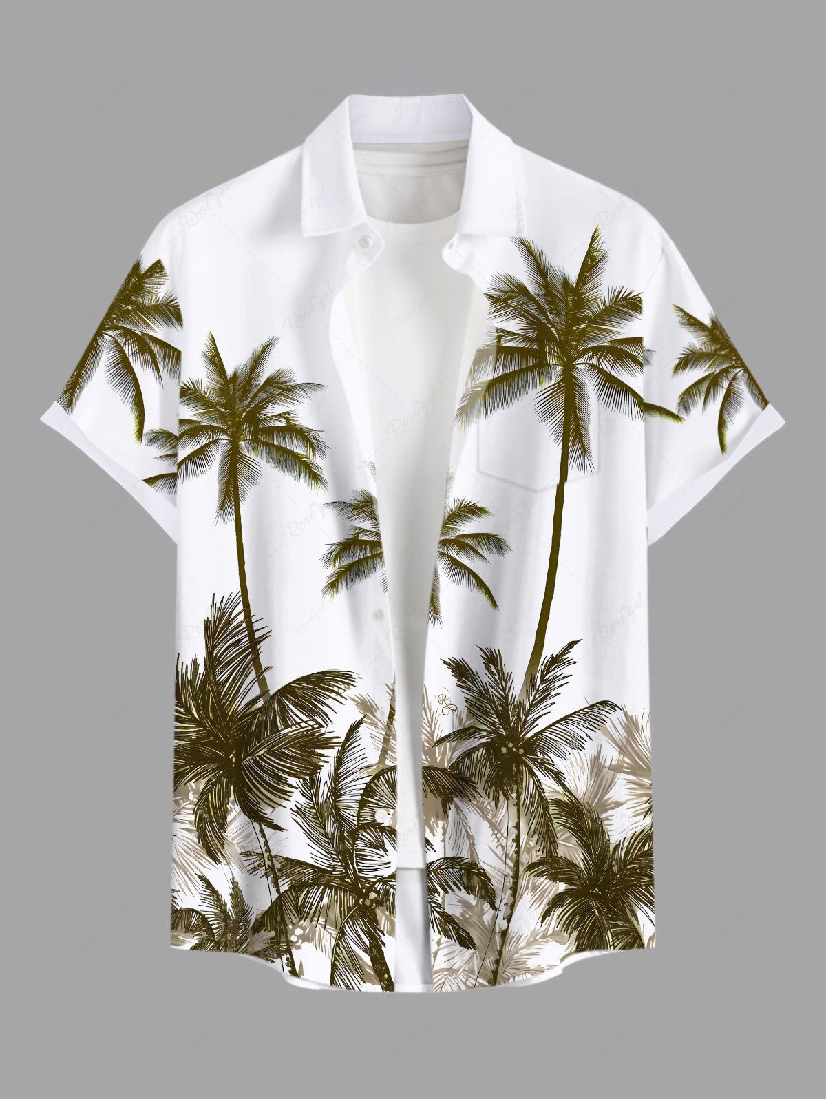 Best Plus Size Coconut Tree Print Buttons Pocket Hawaii Shirt For Men  
