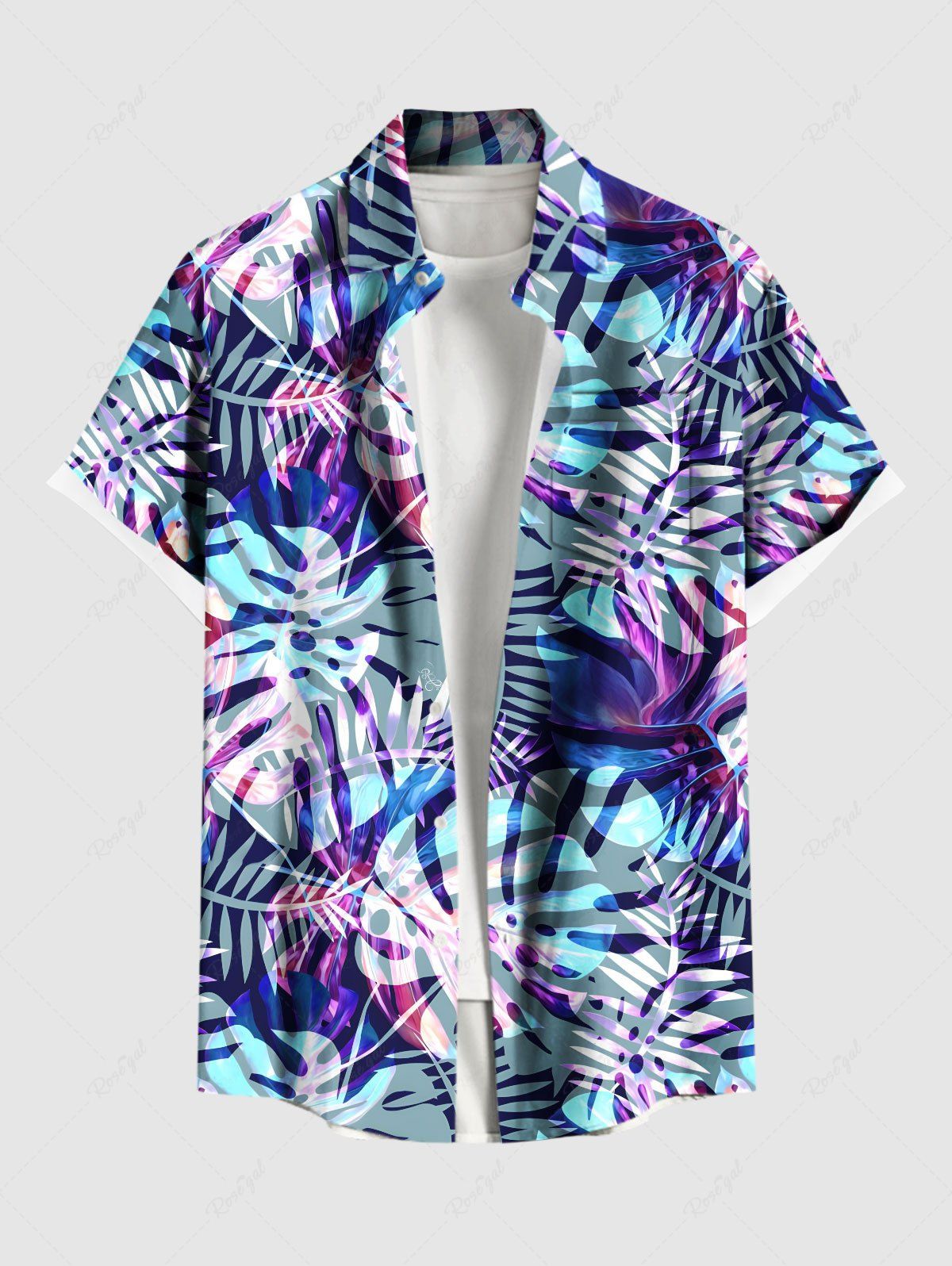 Fashion Plus Size Tropical Leaf Print Buttons Pocket Hawaii Shirt For Men  