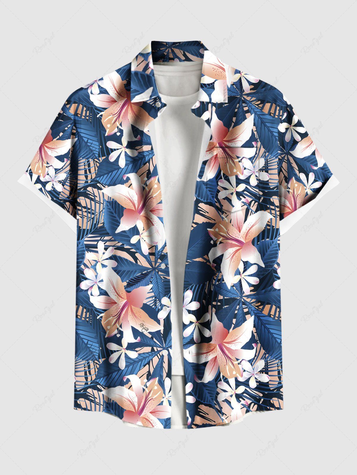 Store Plus Size Tropical Leaf Hibiscus Flowers Print Buttons Pocket Shirt For Men  