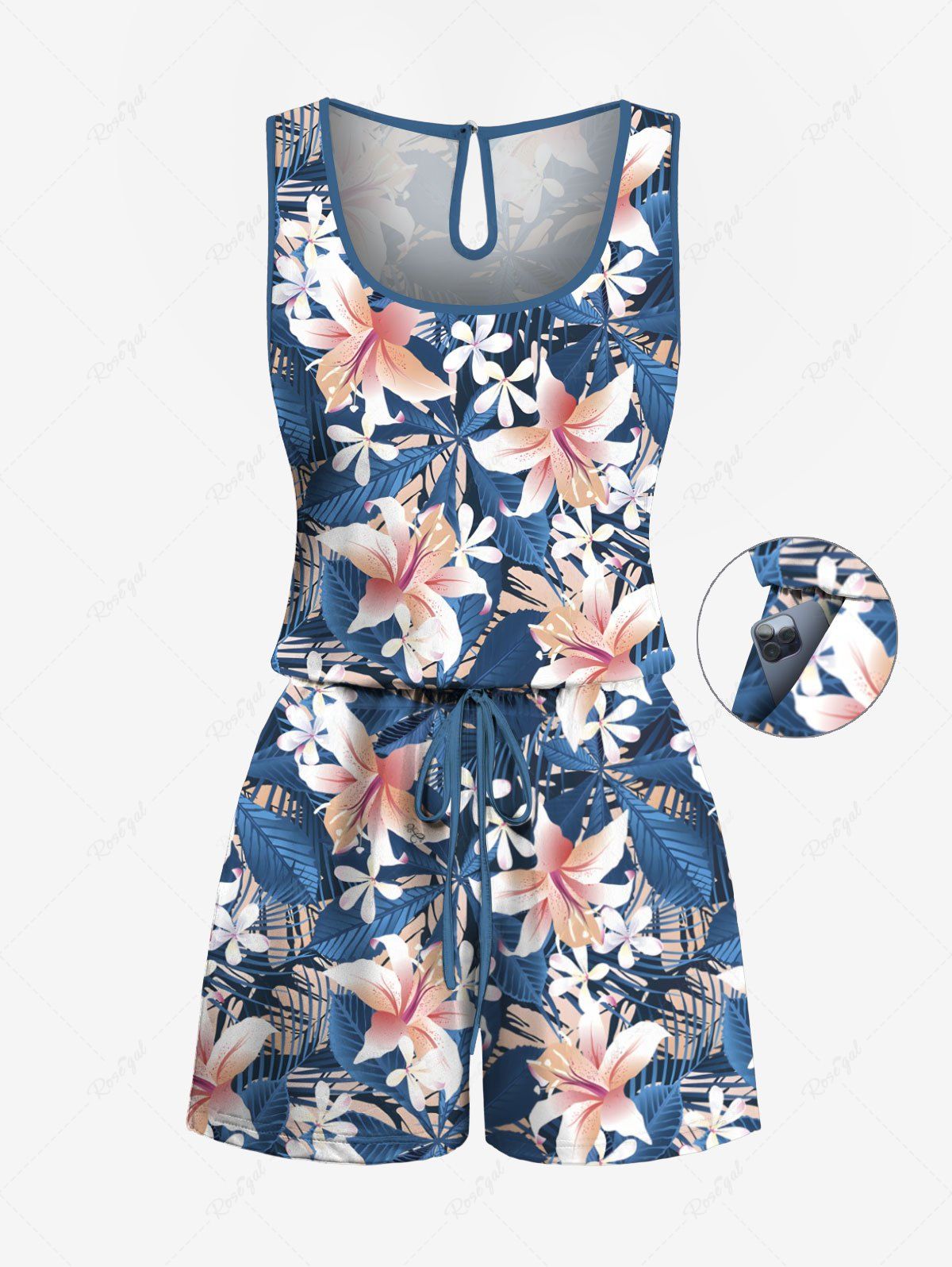 Hot Plus Size Tropical Leaf Hibiscus Flowers Print Cinched Hawaii Romper  
