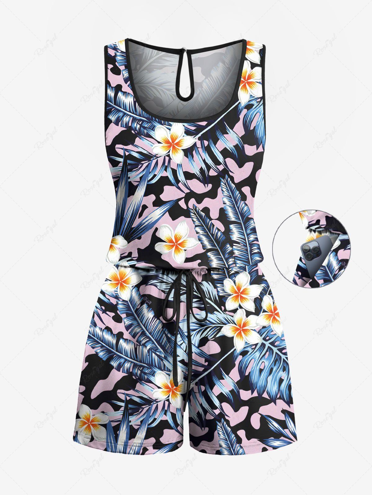 Barboteuse Chinée Fleur Feuille Tropicale Imprimées de Grande Taille Multi-A XS