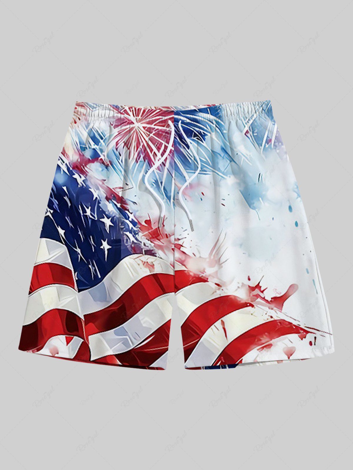 Sale Plus Size Tie Dye Patriotic American Flag Fireworks Print Hawaii Drawstring Beach Shorts For Men  